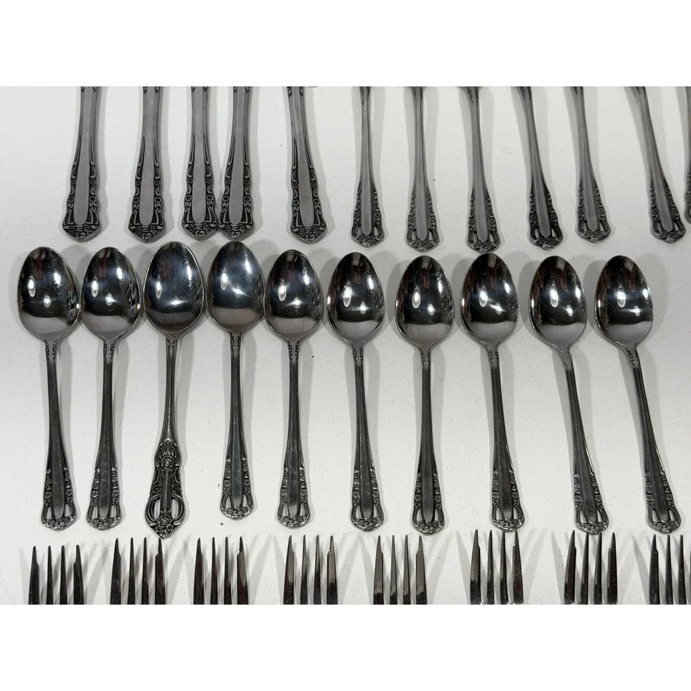 Vintage Ornate Floral Stainless Steel Flatware Set 37 Pieces Knives Forks Spoons